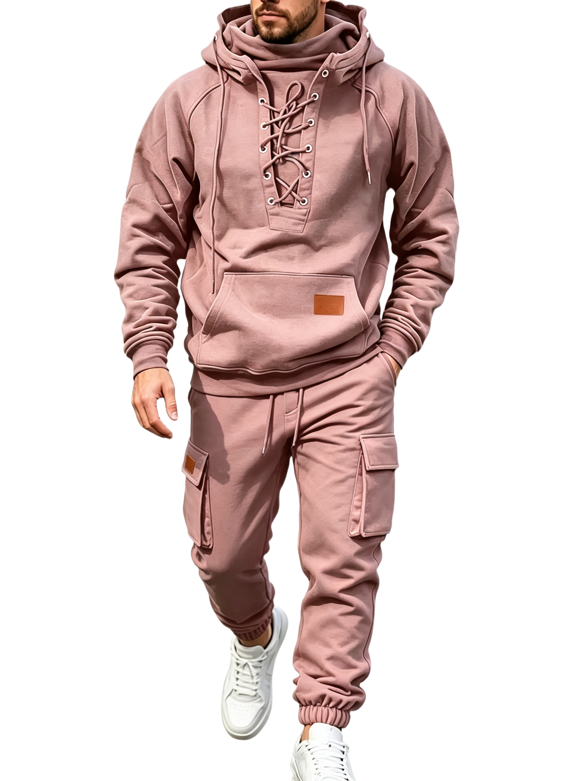 Men's Chest Tie‐Up Hoodie And Multi‐Pocket Ankle‐Cuffed Joggers