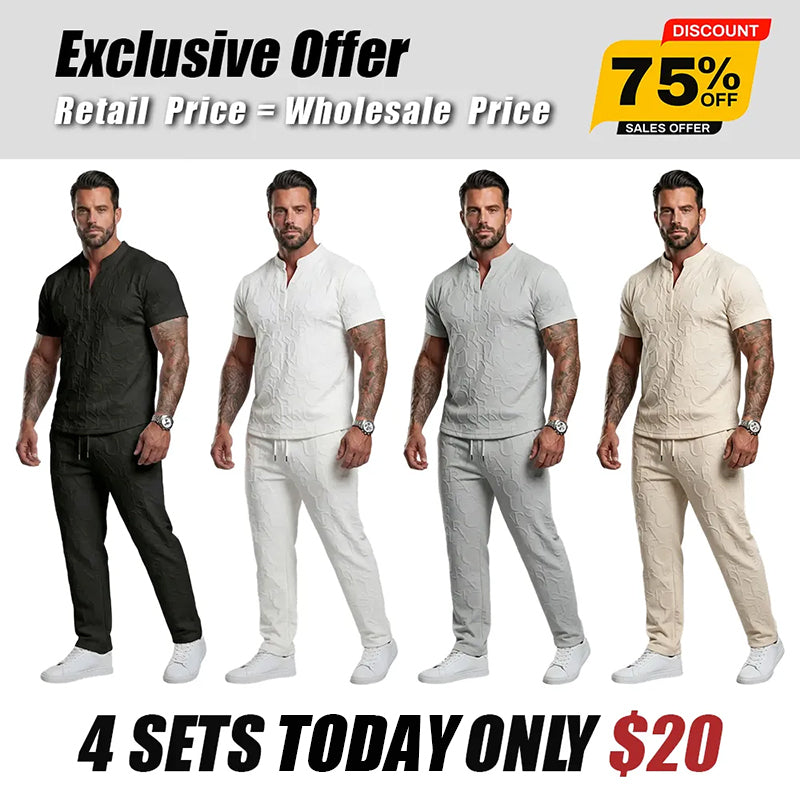Men's Casual Textured Notched Neck Tee & Regular-Fit Drawstring Trousers