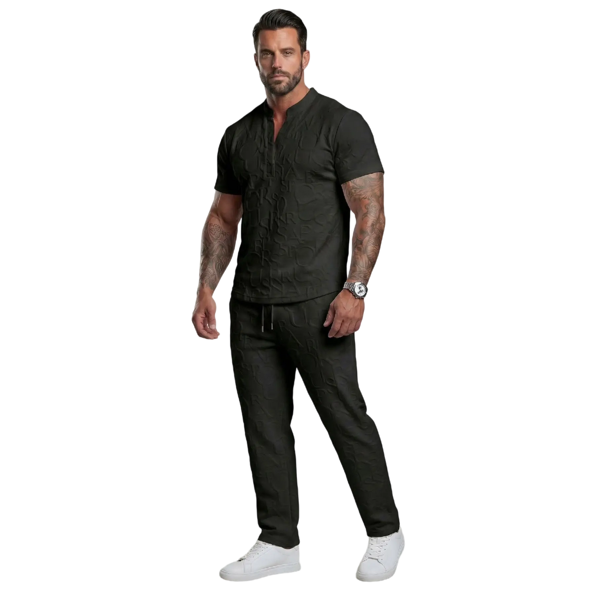 Men's Casual Textured Notched Neck Tee & Regular-Fit Drawstring Trousers