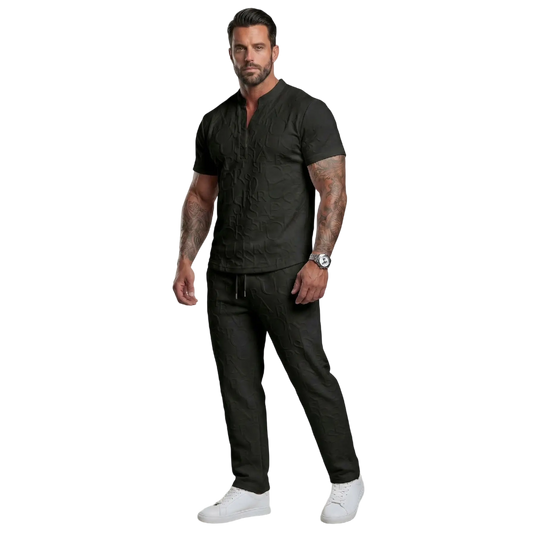 Men's Casual Textured Notched Neck Tee & Regular-Fit Drawstring Trousers