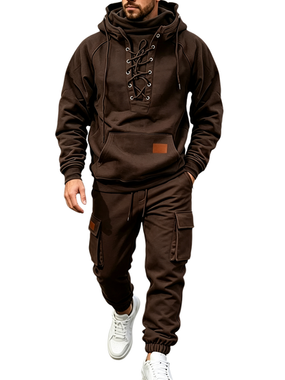 Men's Chest Tie‐Up Hoodie And Multi‐Pocket Ankle‐Cuffed Joggers