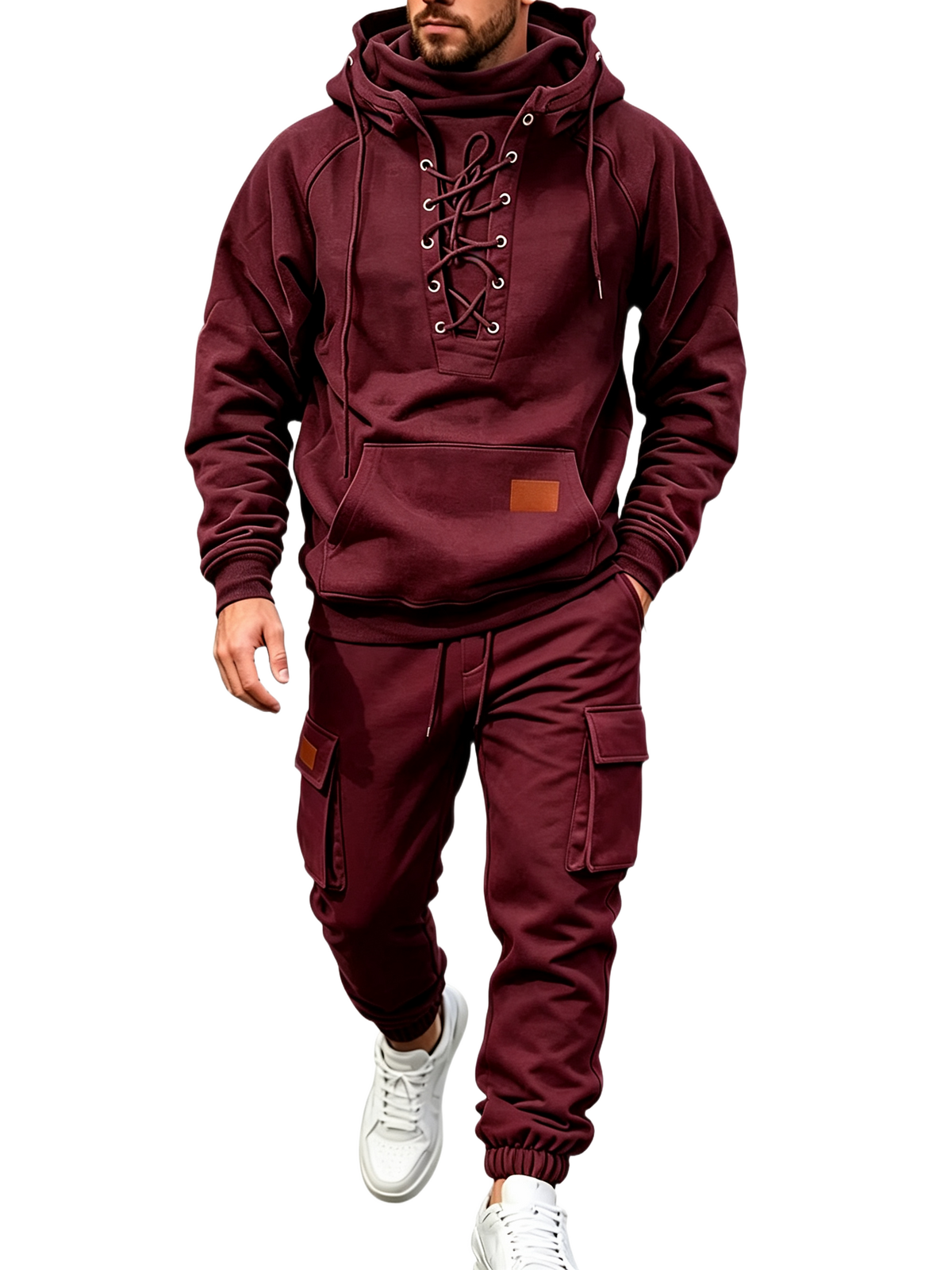 Men's Chest Tie‐Up Hoodie And Multi‐Pocket Ankle‐Cuffed Joggers