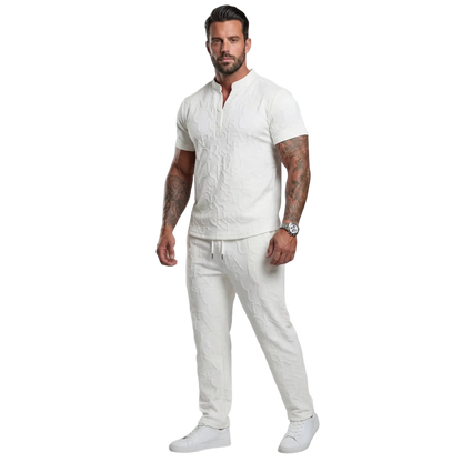 Men's Casual Textured Notched Neck Tee & Regular-Fit Drawstring Trousers