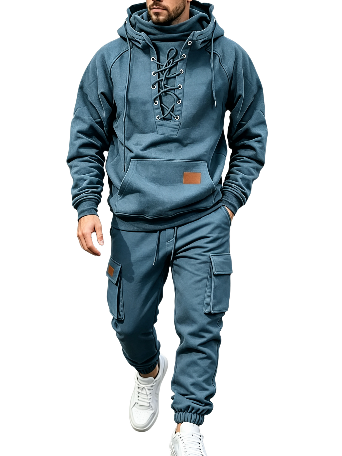 Men's Chest Tie‐Up Hoodie And Multi‐Pocket Ankle‐Cuffed Joggers