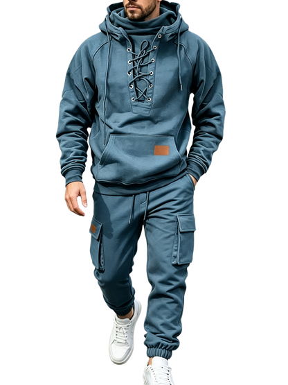 Men's Chest Tie‐Up Hoodie And Multi‐Pocket Ankle‐Cuffed Joggers