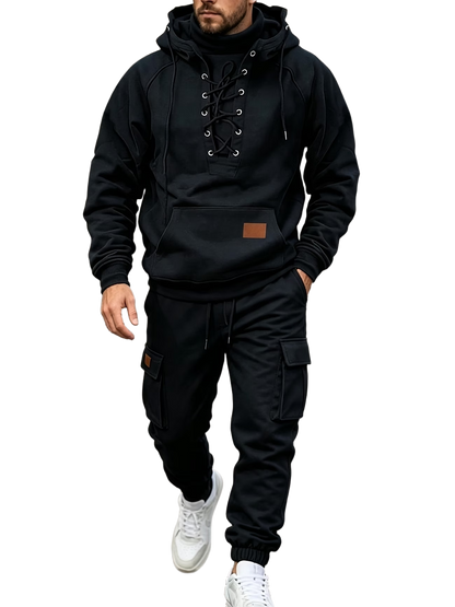 Men's Chest Tie‐Up Hoodie And Multi‐Pocket Ankle‐Cuffed Joggers