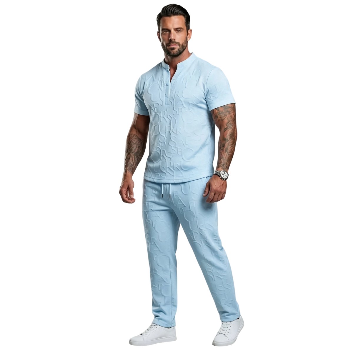 Men's Casual Textured Notched Neck Tee & Regular-Fit Drawstring Trousers