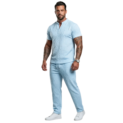 Men's Casual Textured Notched Neck Tee & Regular-Fit Drawstring Trousers