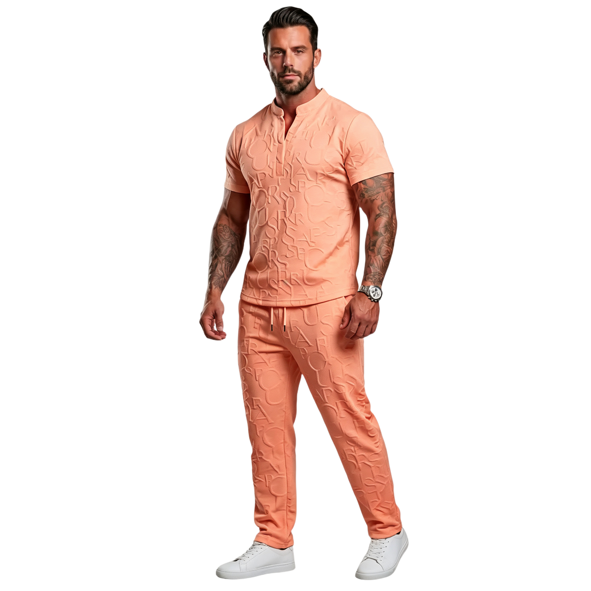 Men's Casual Textured Notched Neck Tee & Regular-Fit Drawstring Trousers