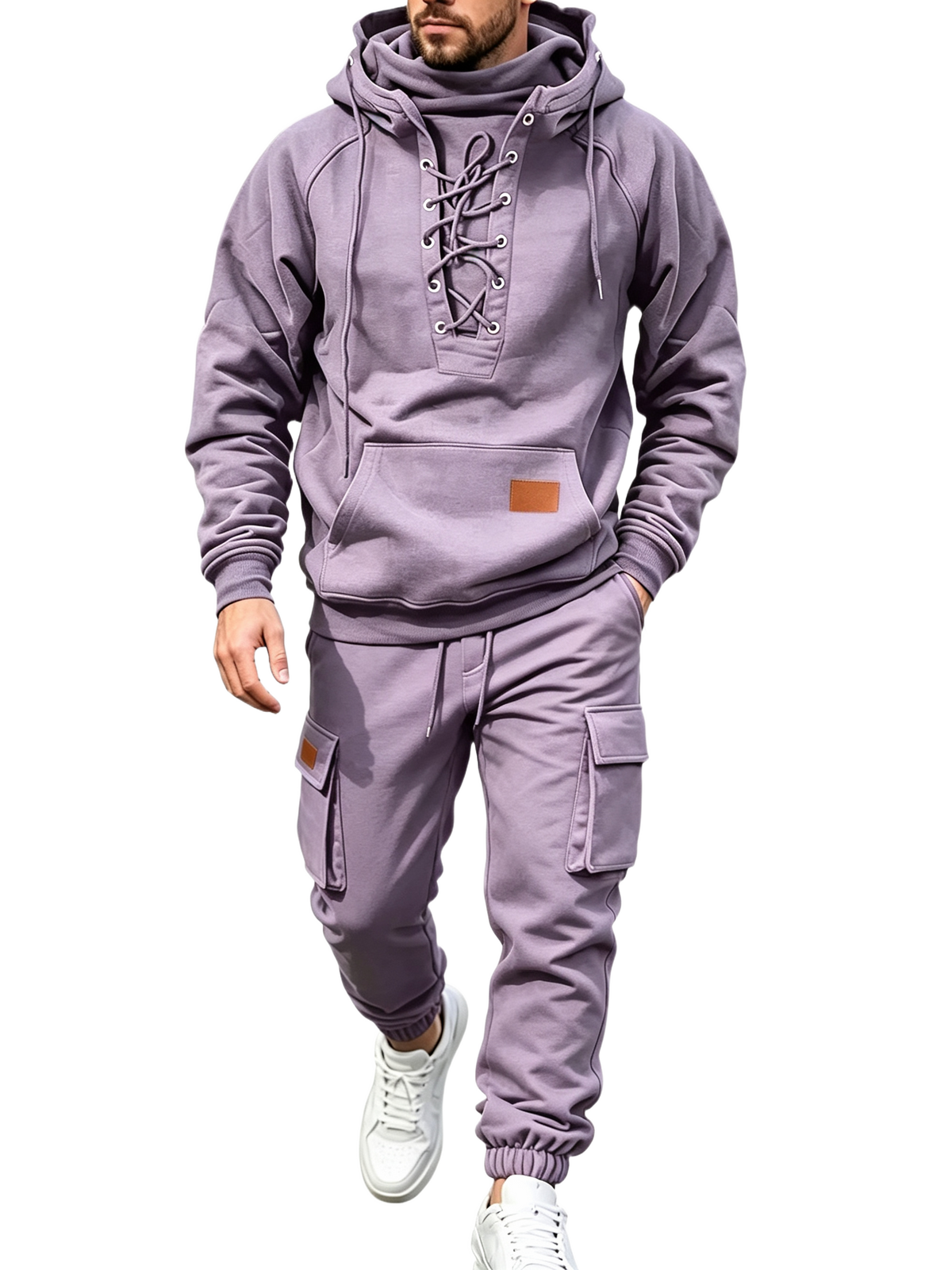 Men's Chest Tie‐Up Hoodie And Multi‐Pocket Ankle‐Cuffed Joggers