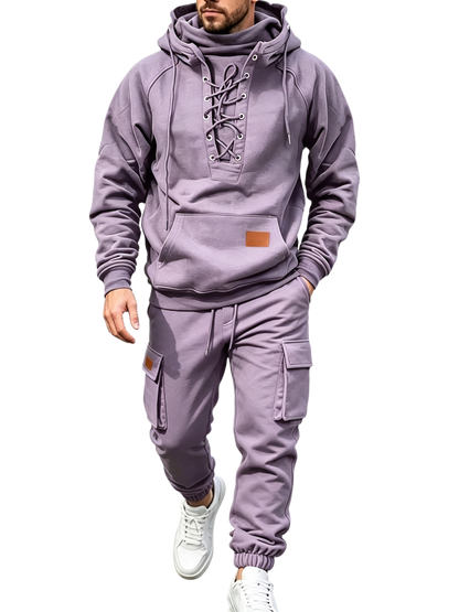 Men's Chest Tie‐Up Hoodie And Multi‐Pocket Ankle‐Cuffed Joggers