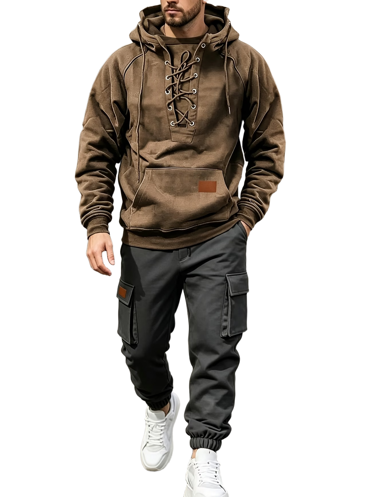 Men's Chest Tie‐Up Hoodie And Multi‐Pocket Ankle‐Cuffed Joggers