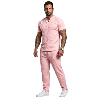 Men's Casual Textured Notched Neck Tee & Regular-Fit Drawstring Trousers