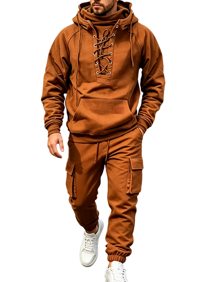 Men's Chest Tie‐Up Hoodie And Multi‐Pocket Ankle‐Cuffed Joggers