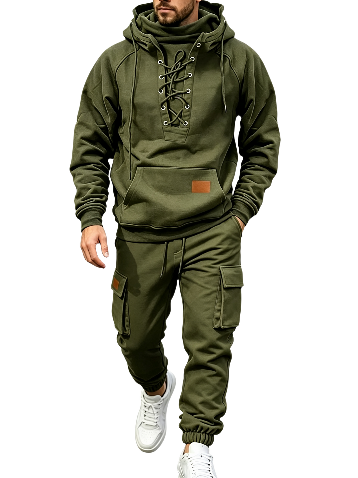Men's Chest Tie‐Up Hoodie And Multi‐Pocket Ankle‐Cuffed Joggers
