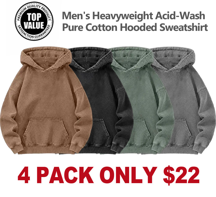Men's Heavyweight Acid-Wash Pure Cotton Hooded Sweatshirt