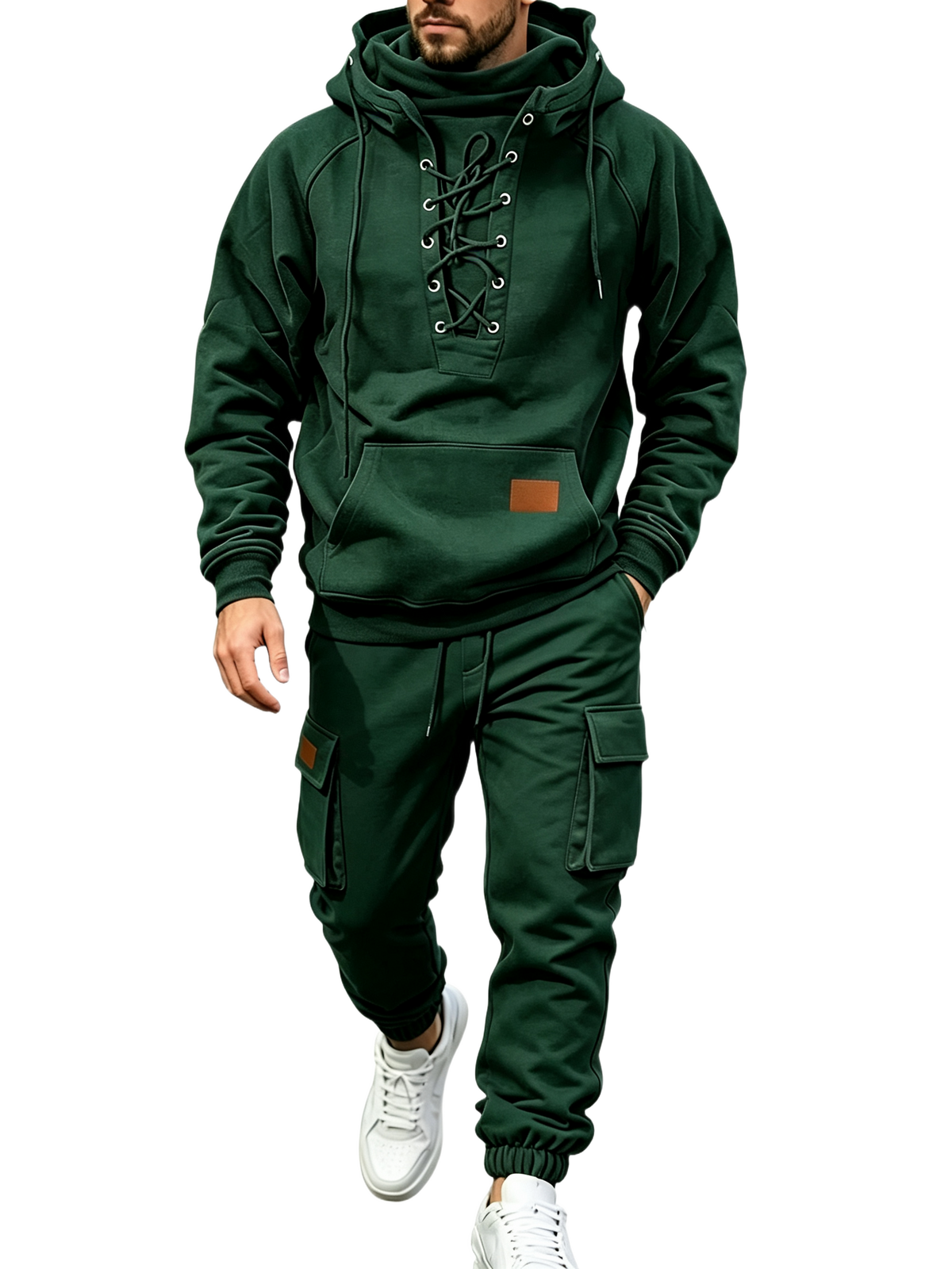 Men's Chest Tie‐Up Hoodie And Multi‐Pocket Ankle‐Cuffed Joggers