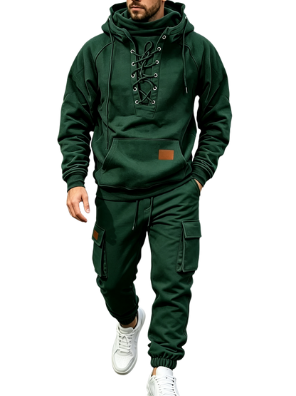 Men's Chest Tie‐Up Hoodie And Multi‐Pocket Ankle‐Cuffed Joggers
