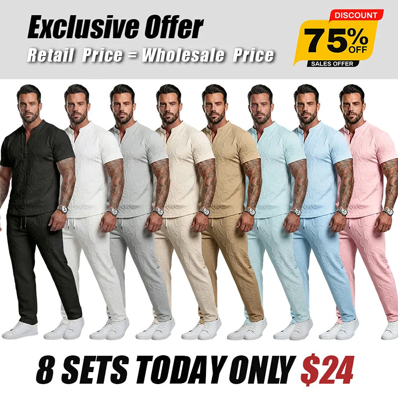 Men's Casual Textured Notched Neck Tee & Regular-Fit Drawstring Trousers