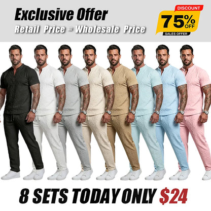 Men's Casual Textured Notched Neck Tee & Regular-Fit Drawstring Trousers