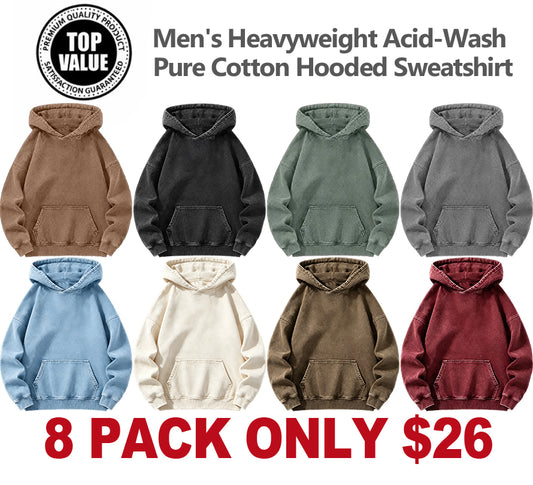 Men's Heavyweight Acid-Wash Pure Cotton Hooded Sweatshirt