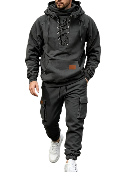Men's Chest Tie‐Up Hoodie And Multi‐Pocket Ankle‐Cuffed Joggers