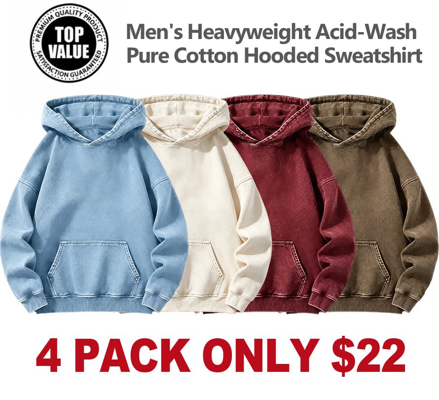Men's Heavyweight Acid-Wash Pure Cotton Hooded Sweatshirt