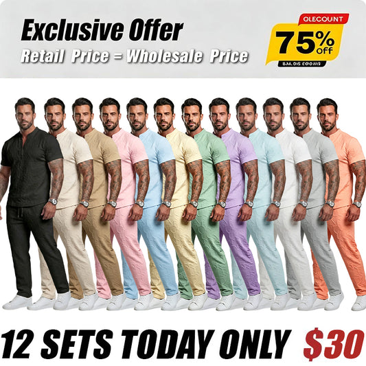 Men's Casual Textured Notched Neck Tee & Regular-Fit Drawstring Trousers